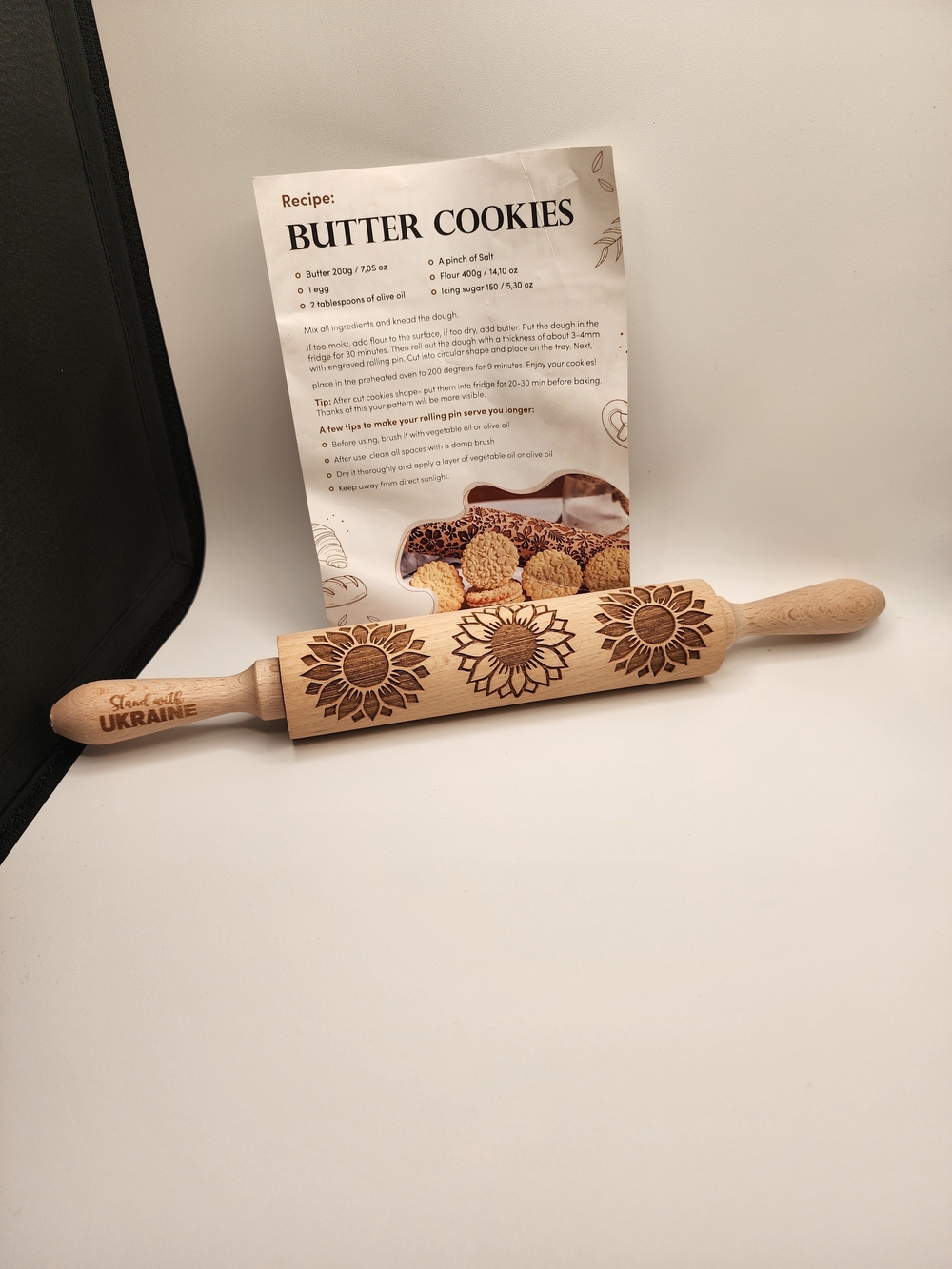 Engraved Sunflower Rolling Pin with "Stand with Ukraine" Accent - Natural Wood